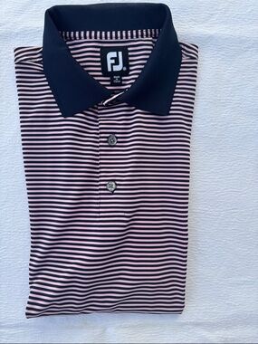 NWOT FootJoy Men’s Navy and Pink Striped Polo M Point O Woods Golf Club